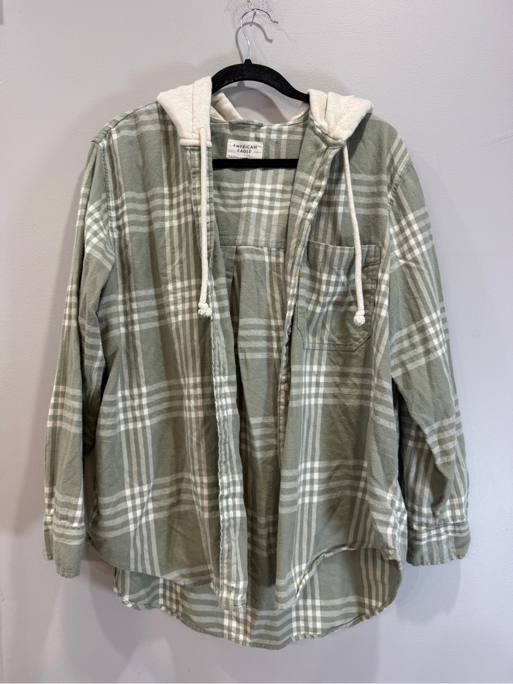 American Eagle Outfitters Olive Plaid Hooded Flannel Shirt Jacket